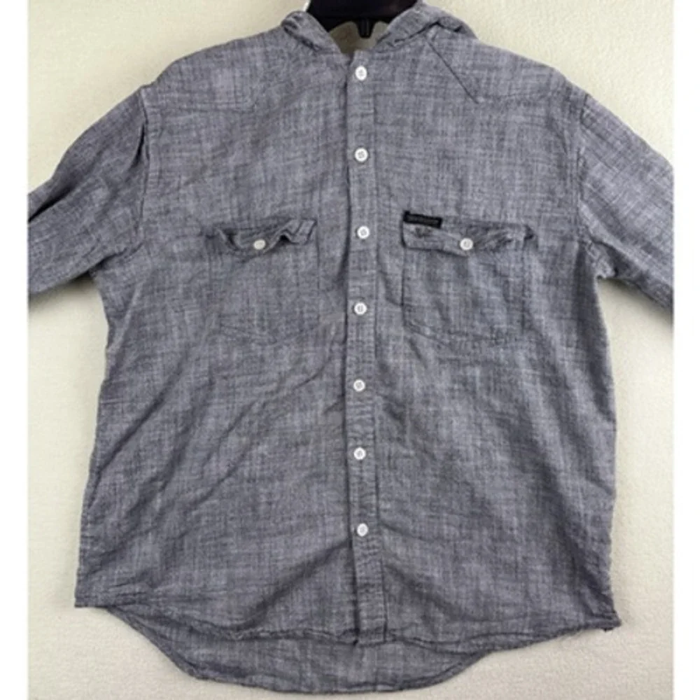 True Religio Hooded Button Down Shirt Mens Large Gray Long Sleeve Side Zip
